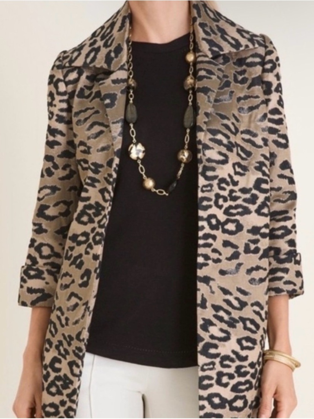 Chicos Topper Shantung Hi Low Long Sleeve Jacket Metallic Animal Print